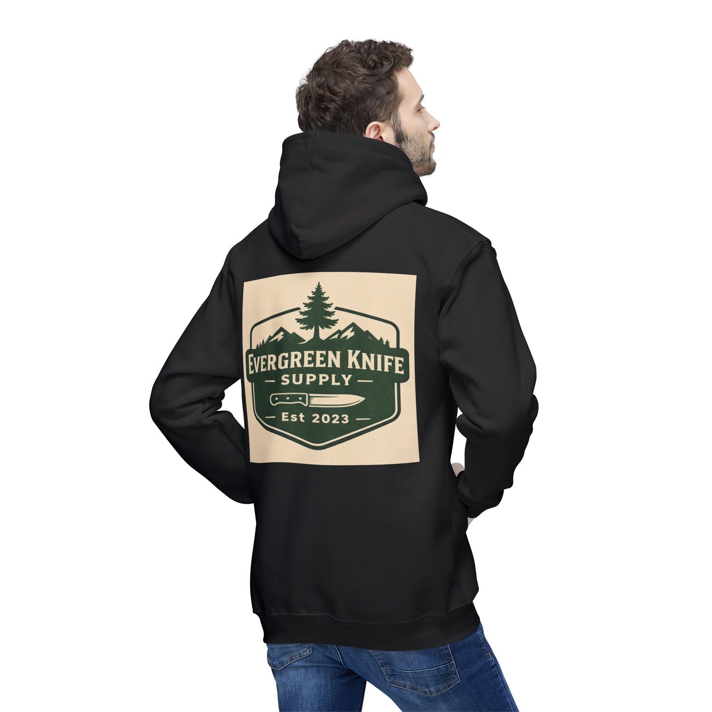 Evergreen Knife Supply Hoodie — Outdoor Camping Logo Pullover (Est. 2023)